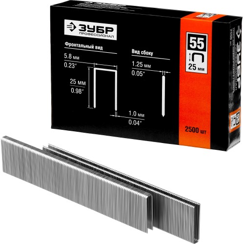 ЗУБР тип 18GA (55/90/C) 25 мм, 2500 шт, скобы для степлера, Профессионал (31855-25)