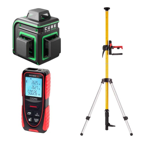Лазерный уровень ADA CUBE 3-360 GREEN Basic Edition + Лазерный дальномер ADA Cosmo 50 + Штатив-штанга ADA SILVER PLUS