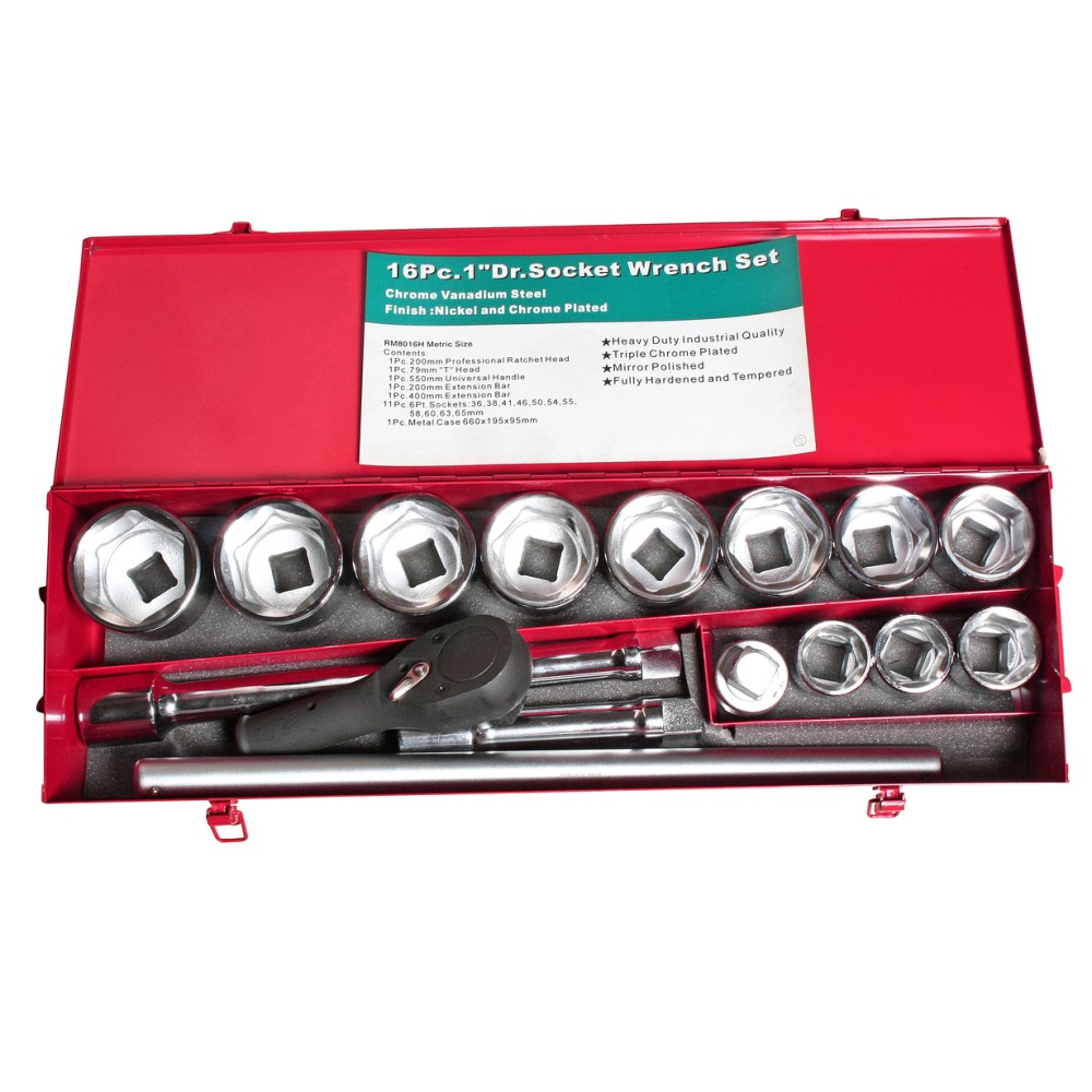 Набор головок торцевых 1" 36-65мм 6-ти гранных 16 предметов в металлическом кейсе JTC