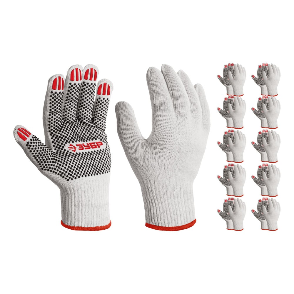 ЗУБР ОПТИМА, М (8), х/б перчатки с ПВХ покрытием (точка), 10 класс, 10 пар (11440-М10)