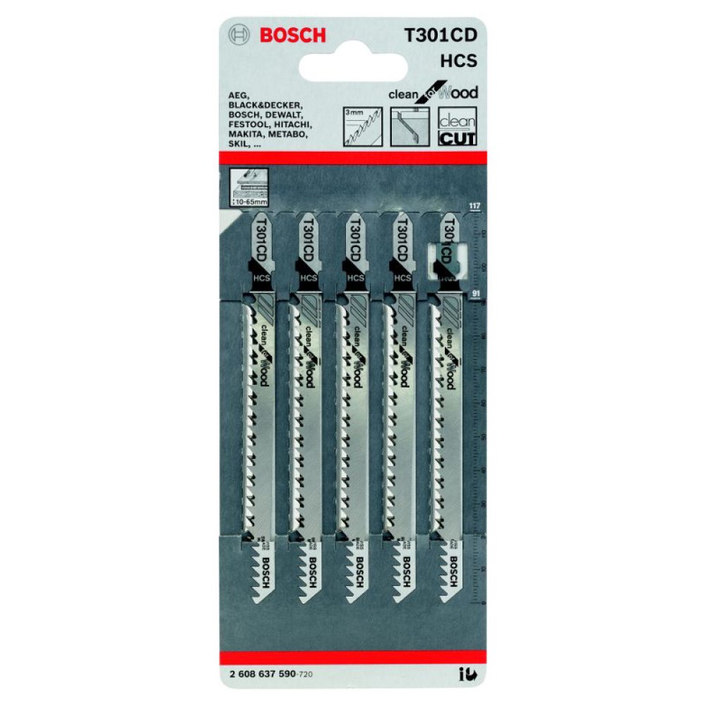 Набор пилок для лобзика по дереву Bosch T301CD 117мм 5шт (590)