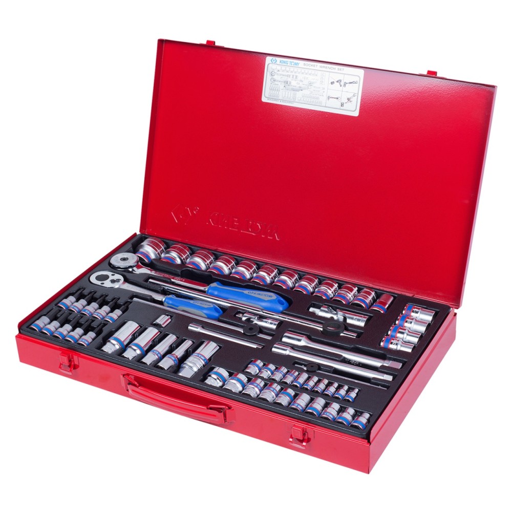 Набор торцевых головок с принадлежностями 1/4", 3/8", 1/2", шестигранные, 4-32 мм, 62 предмета KING