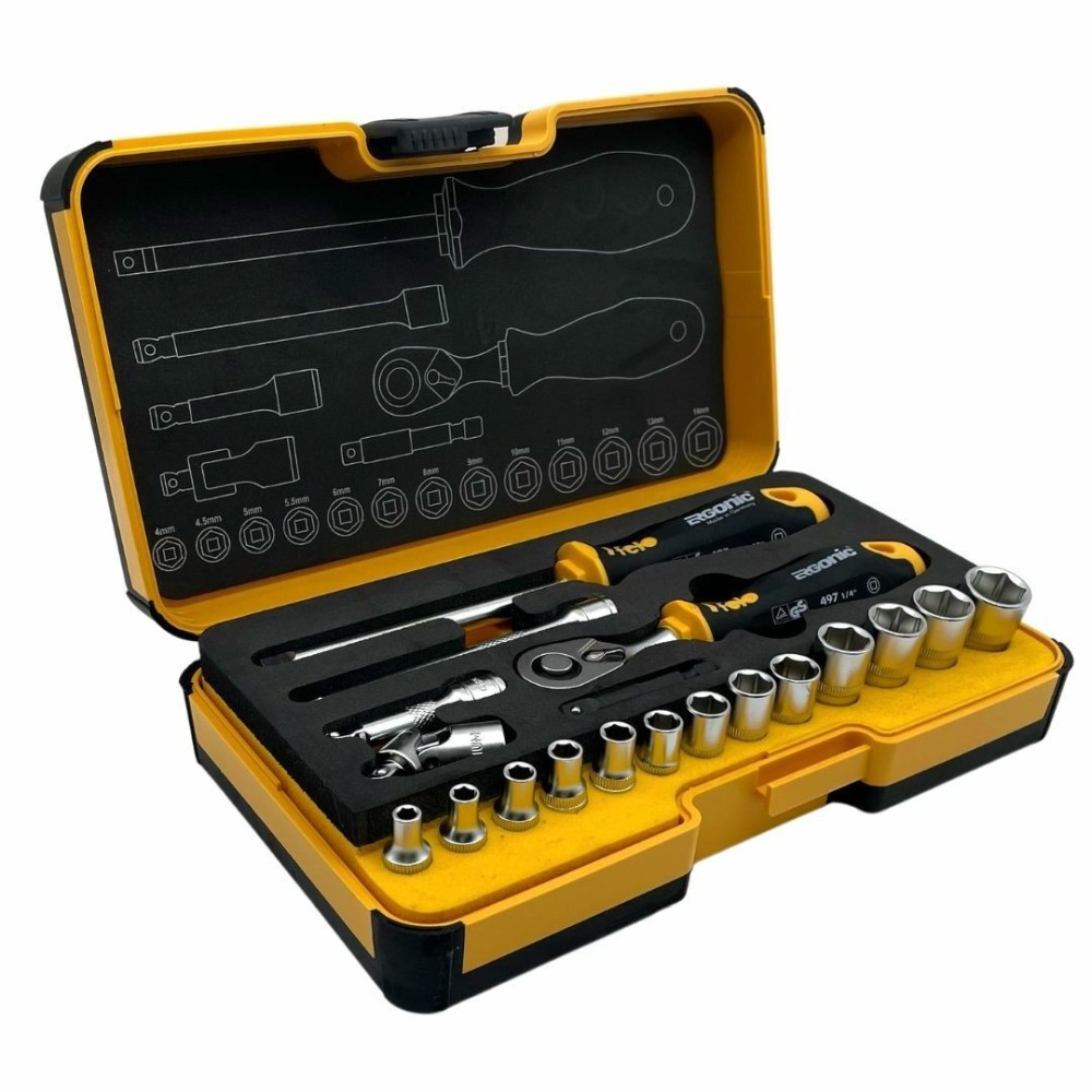 Felo Набор метрических головок с трещоткой и отверткой 1/4" ERGONIC в кейсе, 19 шт 05781906