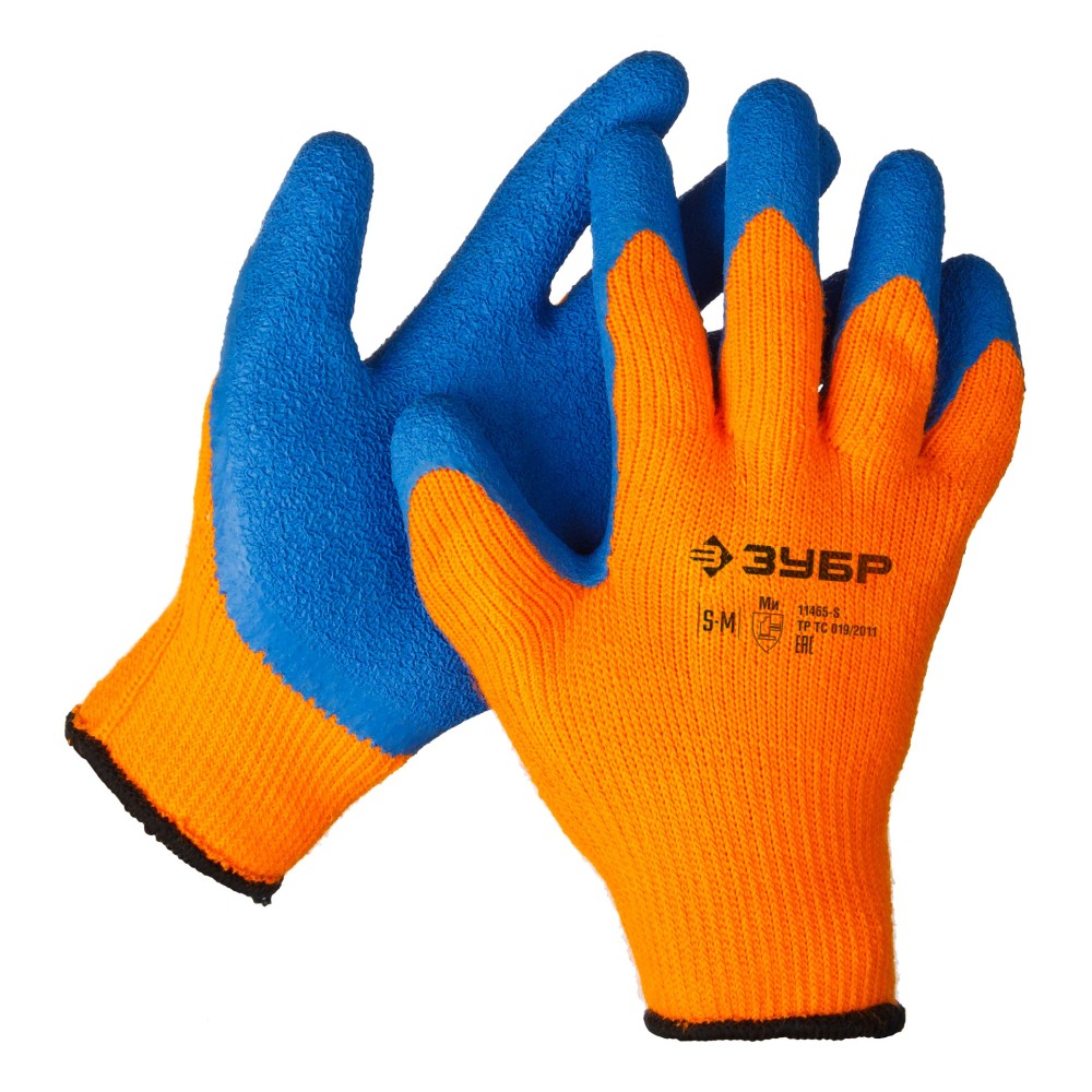 ЗУБР УРАЛ, S-M, акриловые перчатки сигнального цвета, рельефное латексное покрытие, утеплённые, 10 класс, Профессионал (11465-S)