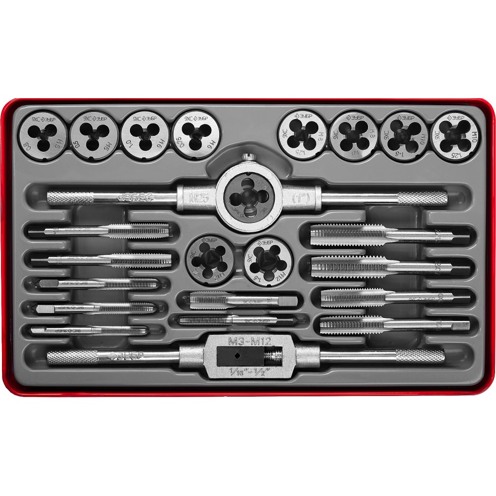 ЗУБР 24 предм., сталь 9ХС, набор метчиков и плашек (28116-H24)