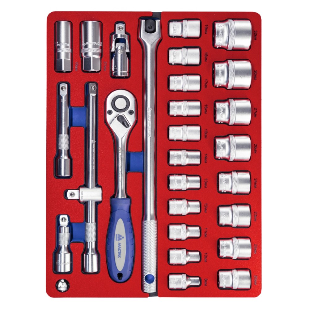Набор торцевых головок 1/2" с принадлежностями, двенадцатигранные, ложемент, 28 предметов МАСТАК 5-0