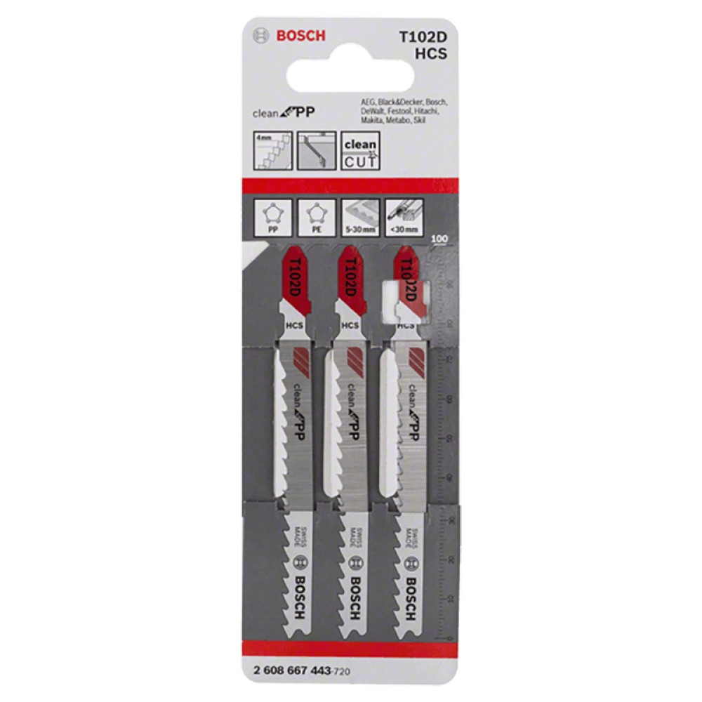 Набор пилок для лобзика по полипропилену Bosch T102D CleanPP 100мм 3шт (443)