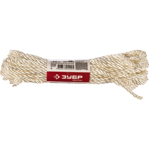 ЗУБР 6 мм, 20 м, 375 кгс, 12.5 ктекс, капроновая веревка (50206)