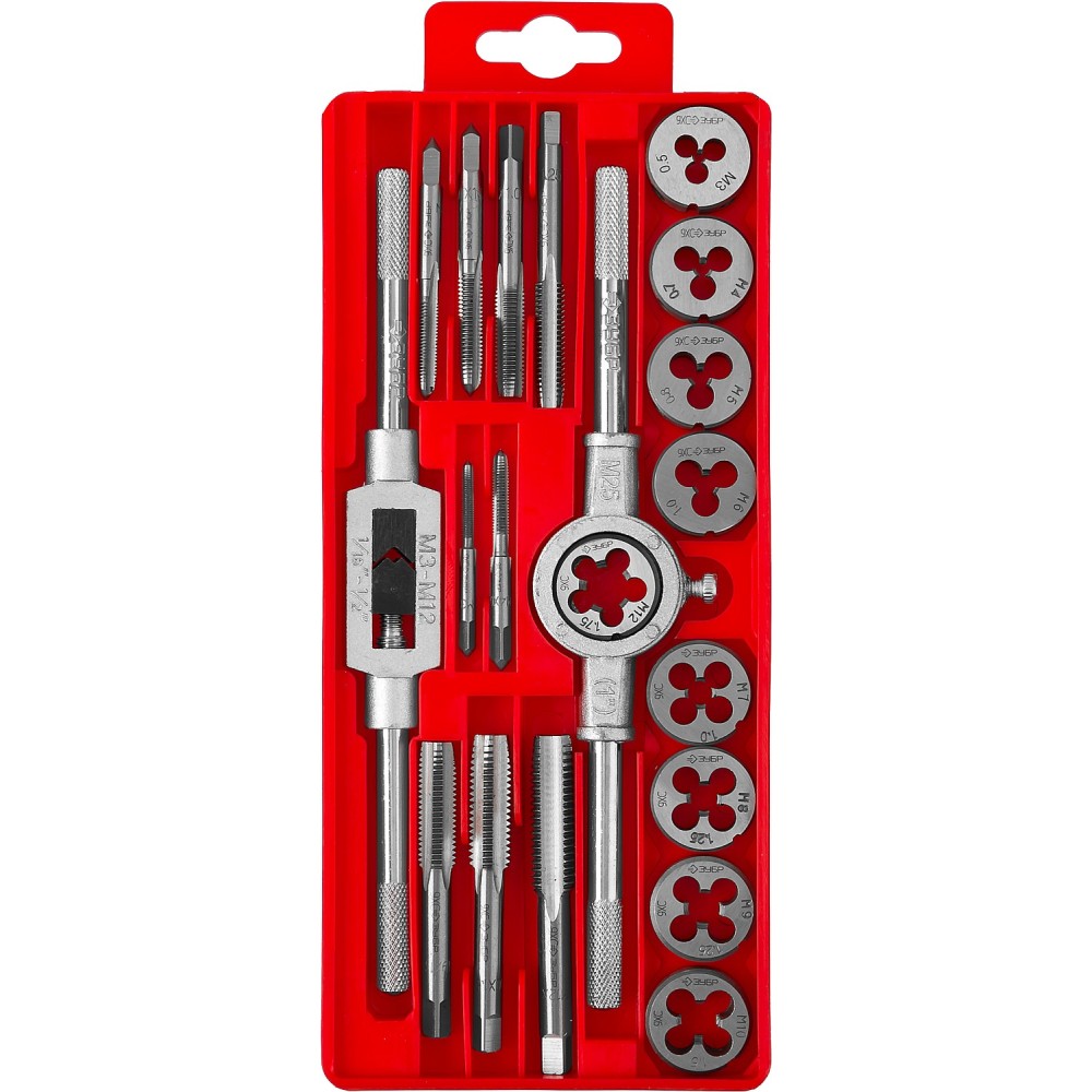 ЗУБР 20 предм., сталь 9ХС, набор метчиков и плашек в пластиковом боксе (2810-H20)