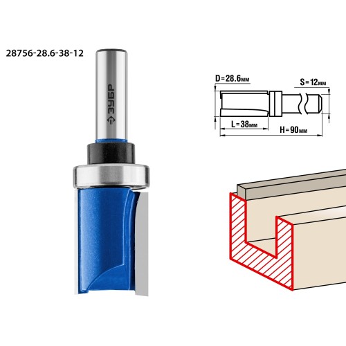 ЗУБР 28.6 x 38 мм, хвостовик 12 мм, фреза пазовая прямая с верхним подшипником, Профессионал (28756-28.6-38-12)