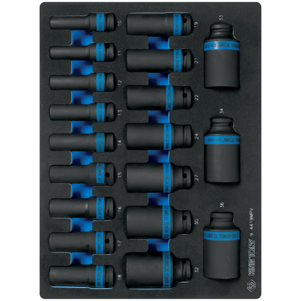 Набор ударных глубоких торцевых головок 1/2", шестигранные, 10-36 мм, ложемент, 19 предметов KING TO