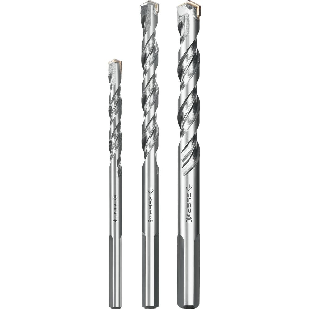 ЗУБР 3 шт: d 6-8-10 мм, трехгранный хвостовик, набор сверл по бетону усиленные, Профессионал (2916-H3)