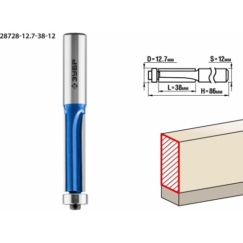 ЗУБР 12.7 x 38 мм, хвостовик 12 мм, фреза кромочная с нижним подшипником (3 лезвия), Профессионал (28728-12.7-38-12)