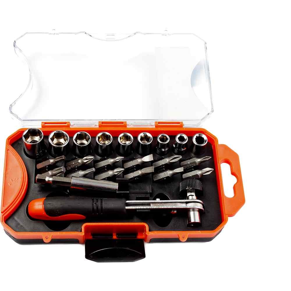 Набор трещотка с битами и головками Квалитет "Сделай сам" 23 предмета (пластиковый футляр)
