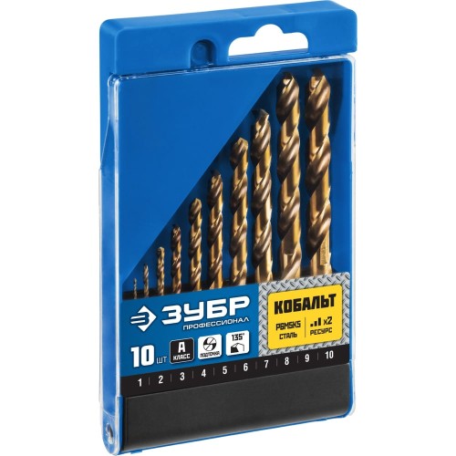 ЗУБР Кобальт, 10 шт, (1-10 мм), сталь Р6М5К5, класс А, набор сверл по металлу, Профессионал (29626-H10)