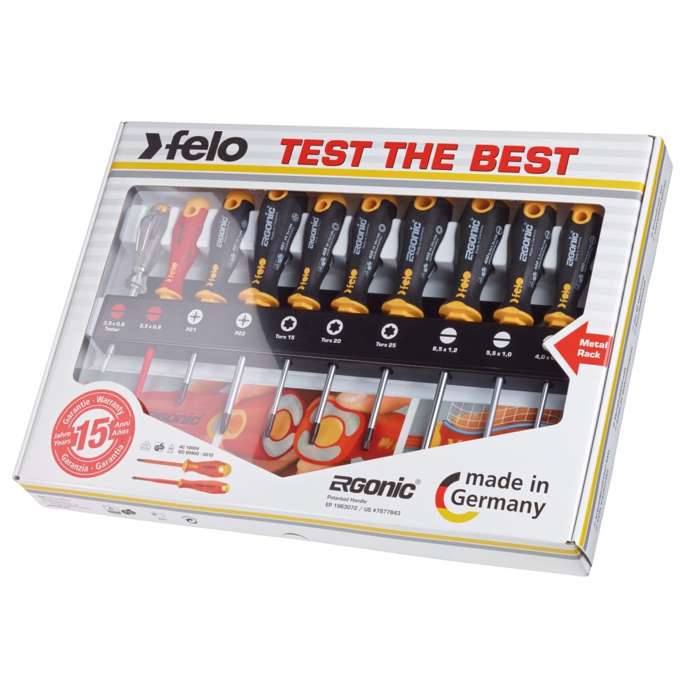 Felo Набор отверток SL/PZ/Tx Ergonic, отвертка VDE и отвертка тестер-сети на стальной стойке, 10 шт