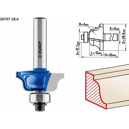 ЗУБР 28.6 x 12 мм, радиус 4 мм, фреза кромочная калевочная №6, Профессионал (28707-28.6)