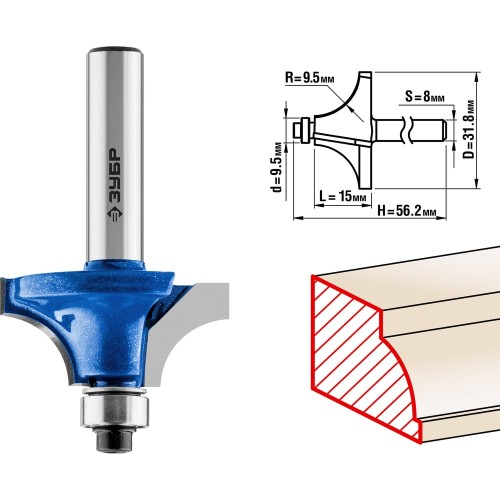 ЗУБР 31.8 x 15 мм, радиус 9.5 мм, фреза кромочная калевочная №1, Профессионал (28700-31.8)
