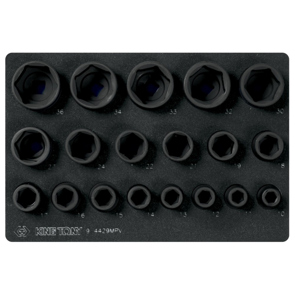 Набор ударных торцевых головок 1/2", шестигранные, 10-36 мм, ложемент, 19 предметов KING TONY 9-4429