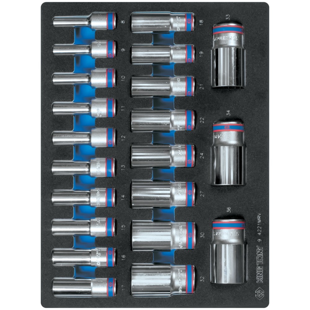 Набор глубоких торцевых головок KING TONY (21 шт; 8-36 мм; 1/2"; 12-гранные)