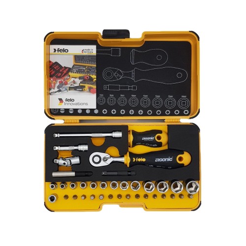 Набор метрических головок и бит SL/HEX/PZ/PH/TX с трещоткой и рукояткой Ergonic в кейсе, 36 шт, Felo